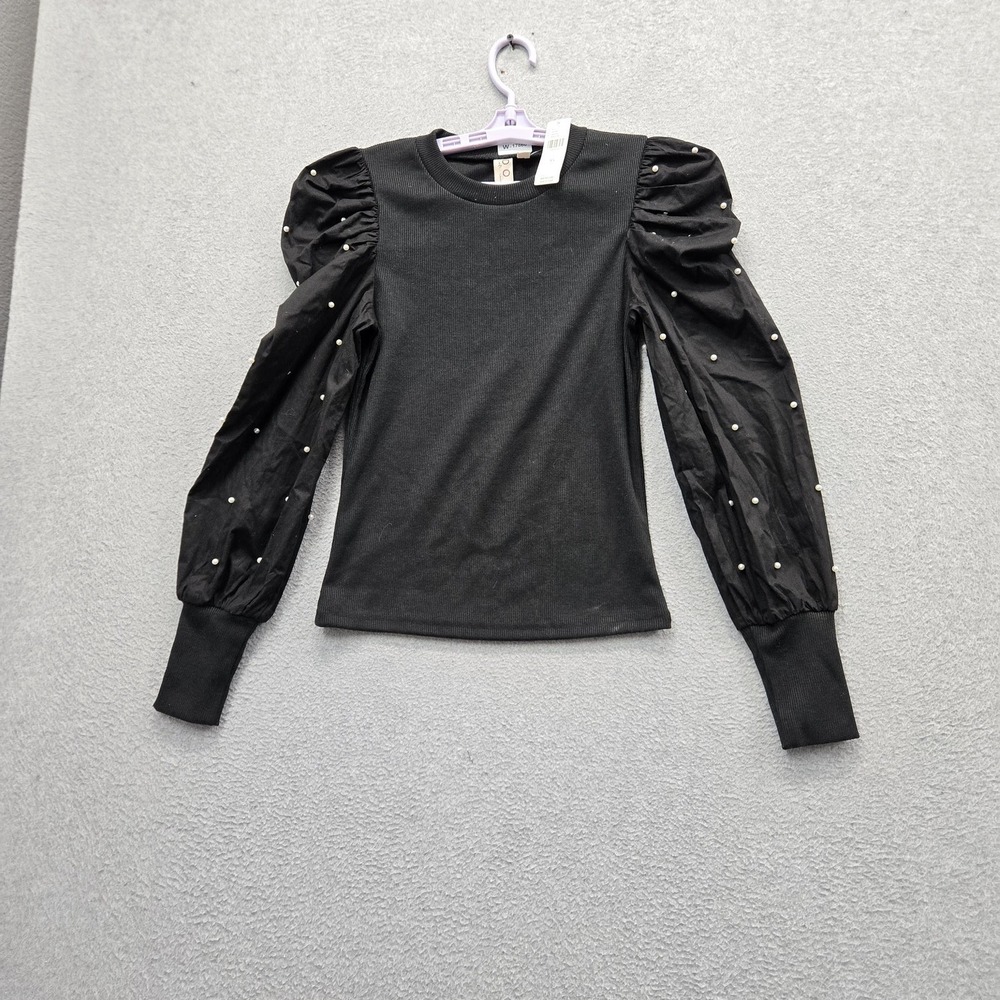 Anthropologie Dolan Left Coast  Women Blouse XS Black Puff Sleeve Beaded NWT